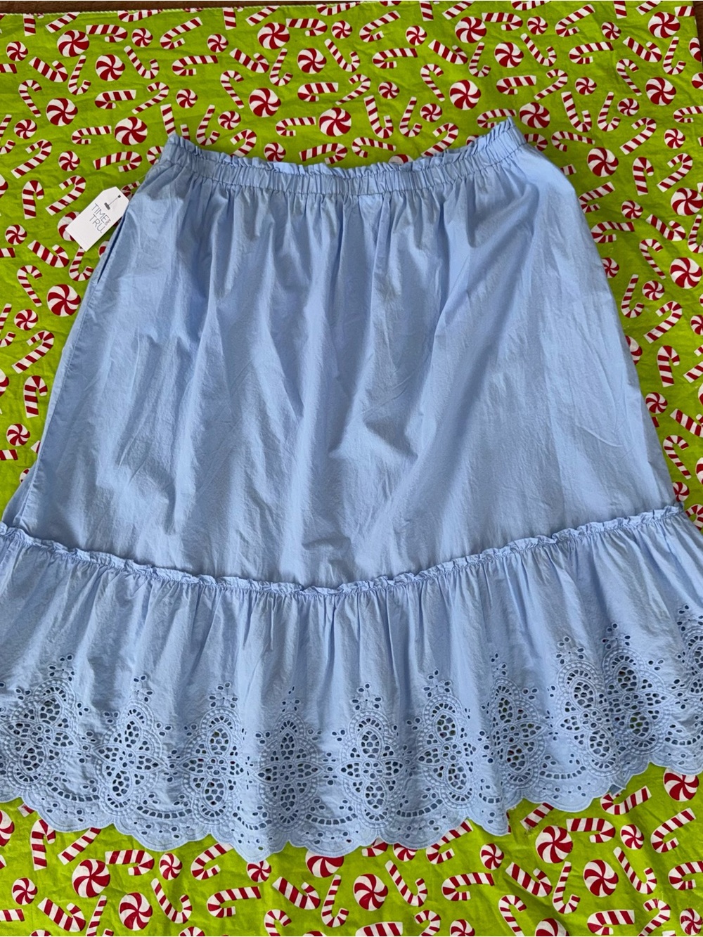 Time and Tru Cotton Eyelet A-Line Midi Skirt XL Light Blue Elastic Waist Pockets - Picture 10 of 16